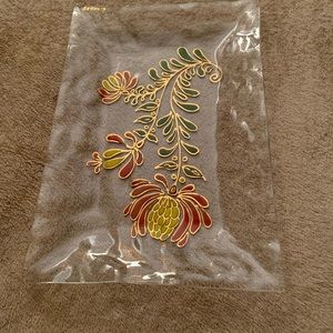 Serving Dish Floral Design over Crinkle Pattern Clear Glass.Signed by C. Allard